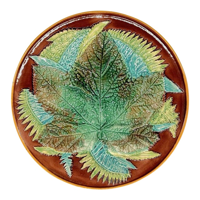 George Jones Majolica Maple Leaf and Ferns Plate on a Brown Ground, Ca. 1870 For Sale