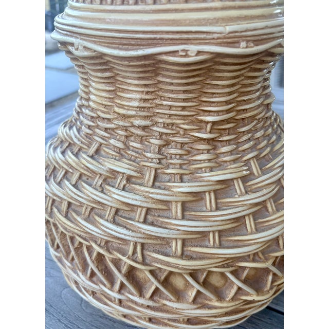 1970's Spanish Ceramic Trompe-l'Oeil Wicker Table Lamps With Matching Shades, a Pair For Sale - Image 12 of 16