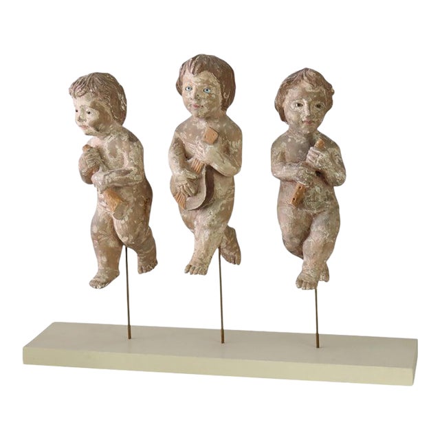 Italian Carved Wood Putti Musician Figures With Glass Eyes C1920 For Sale