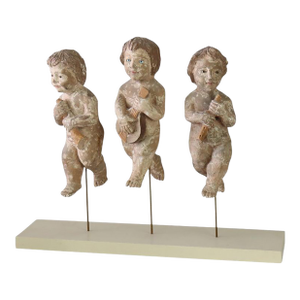 Italian Carved Wood Putti Musician Figures With Glass Eyes C1920