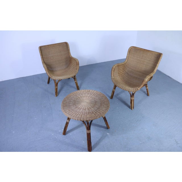 Wood Mid-Century Wicker Table and Chairs, Set of 3 For Sale - Image 7 of 18