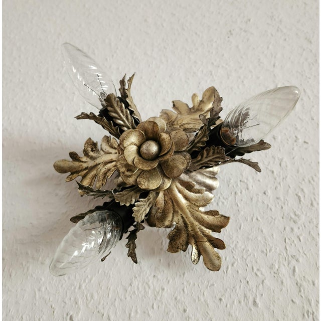 1970s Vintage Florentine Floral Hand-Forged Silver-Plated 3-Light Flush Mount from Banci Firenze, Italy, Florence 1960s, Set of 5 For Sale - Image 5 of 18