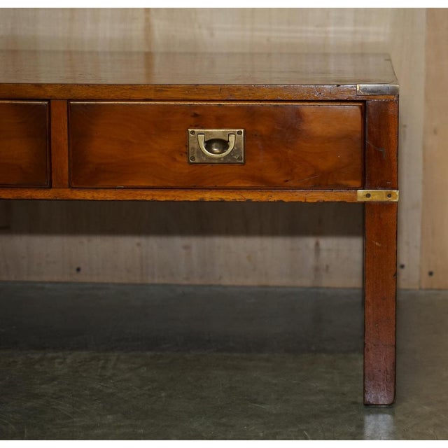 Metal Military Campaign Burr & Burl Yew Brass 3 Drawer Coffee Table For Sale - Image 7 of 17