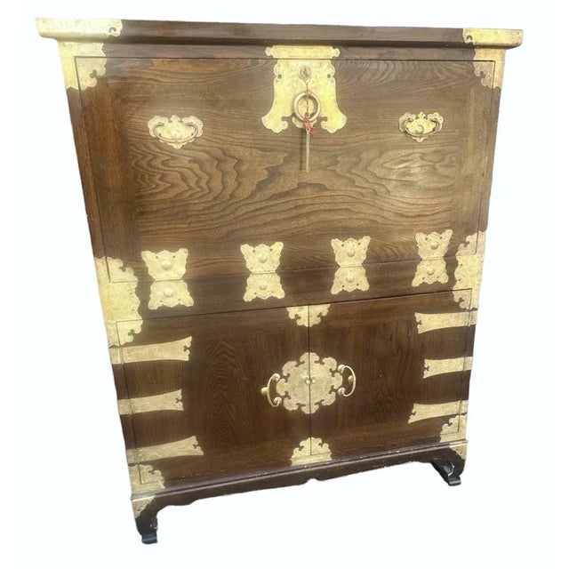 Wood Korean Elmwood and Brass Campaign Style Secretary Desk - Vintage Late 20th Century For Sale - Image 7 of 9