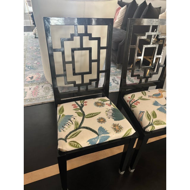 Chinoiserie Black Lacquered Fretwork Dining Chairs Attributed to Jean Claude Mahey for Roche Bobois - Set of 4 For Sale - Image 3 of 12