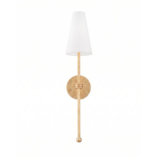 Hudson Valley Lighting Mid Century Modern Wall Sconce in Vintage Gold Leaf With White Linen Tapered Shade - a Pair For Sale - Image 4 of 4