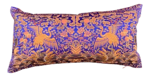 Hollywood Regency Royal Blue & Gold Silk Embroidered Cranes Chinoiserie Boudoir Lumbar Pillow