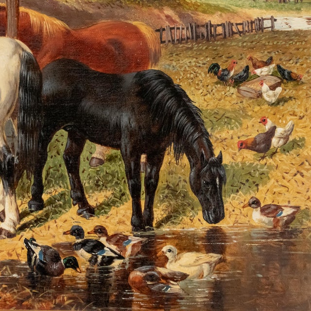 Gold John Frederick Herring Jr. (British, 1815–1907), “Farmyard With Horses, Ducks and Roosters,” Oil on Canvas For Sale - Image 8 of 18