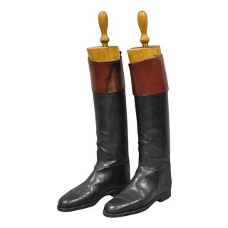 Vintage Maxwell London English Leather Black & Brown Horse Riding Boots W/ Trees For Sale