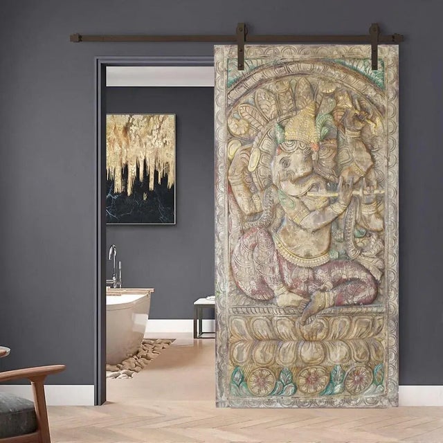 Vintage Fluting Ganesha Wall Decor, Ganesha Seated on Lotus, Barn Door, Handcarved, Accent Wall, Custom Interior Barn...