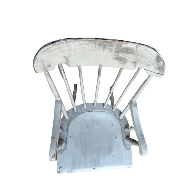 Nichols & Stone Child’s Wooden Windsor Rocking Chair Spindle Back Distressed Farmhouse Vintage Chippy Gray For Sale - Image 11 of 12