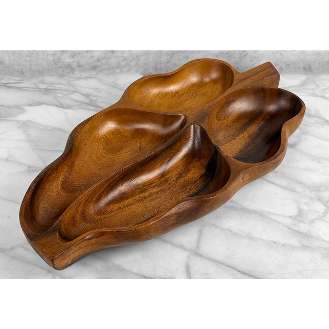 Mid-Century Modern Mid-Century 19" Monkey Pod Wood Divided Centerpiece Leaf Bowl For Sale - Image 3 of 9