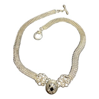 Late 20th Century Sterling Silver Mesh Necklace With Black Pendant For Sale