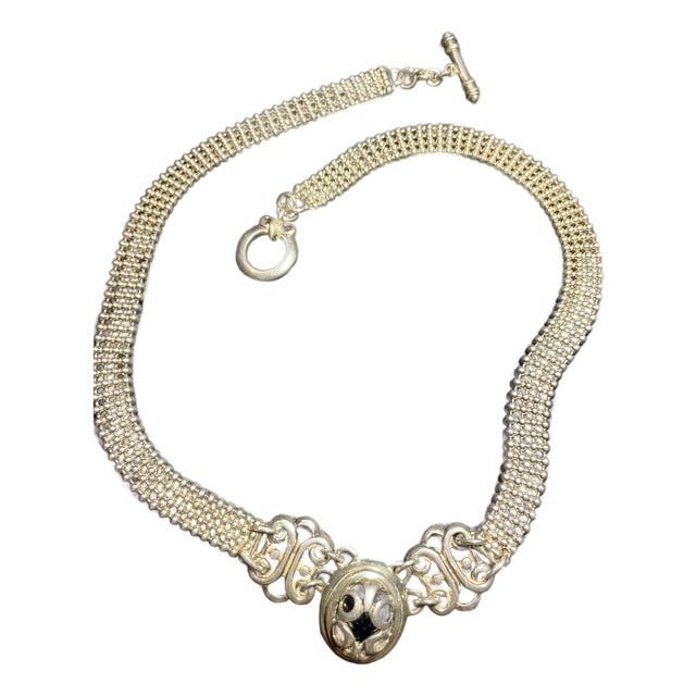 Late 20th Century Sterling Silver Mesh Necklace With Black Pendant For Sale