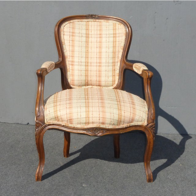 French Provincial Carved Plaid Accent Arm Chair | Chairish