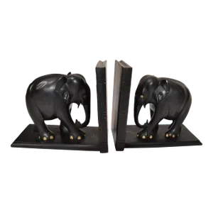 Early 20th Century Black Ebony Hand Carved Wood Bone Elephant Bookends Pair