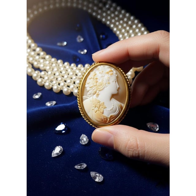 Victorian Hand-Carved Cameo Brooch, Bacchante Portrait, Gold-Plated Frame, Late 19th Century Antique Jewelry For Sale In Cleveland - Image 6 of 7