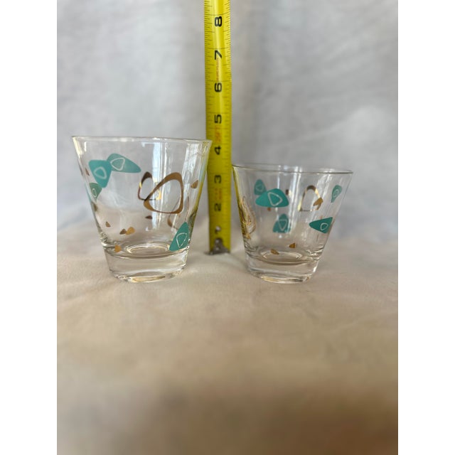Mid Century Atomic Amoeba Turquoise and Gold Whisky Double Old Fashioned Cocktail Glasses - Set of 9 For Sale - Image 9 of 10