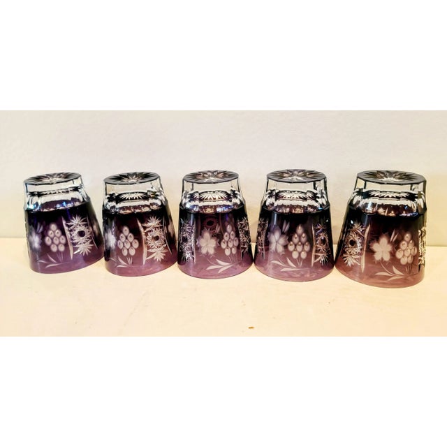 Set of 5 Cut Crystal Hand Engraved Old Fashioned by Hortensja Amethyst Whiskey Glasses With Grape Motif For Sale - Image 4 of 5