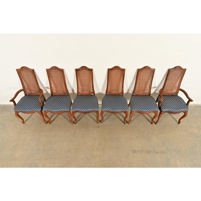1960s Baker Furniture Style French Provincial Louis XV Carved Walnut and Cane Back Dining Chairs, Set of Six For Sale - Image 5 of 14