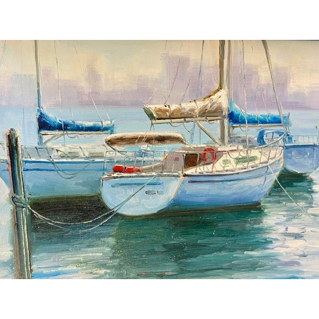 Wood Sailboats in Harbor Oil Painting – Soft Impressionist Nautical Scene, Framed For Sale - Image 7 of 8