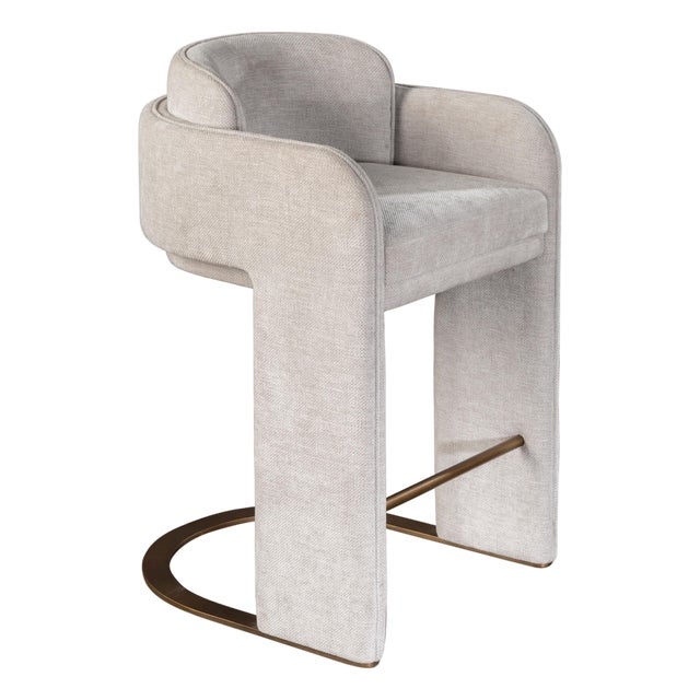 Indigo Upholstered Counter Chair in White With Brass Base For Sale