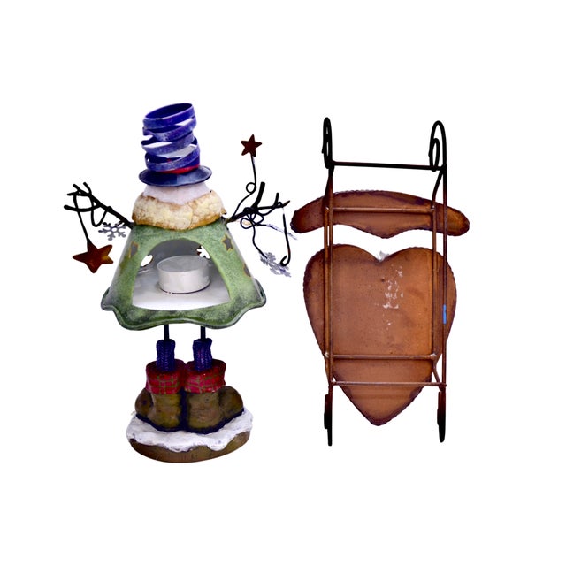 Holiday Snowman & Sled Metal Sculptures Set For Sale - Image 4 of 5