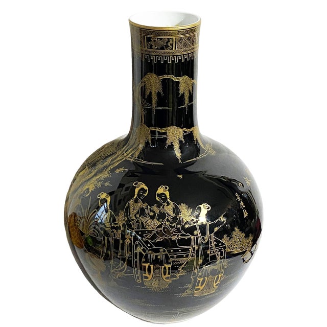 1980s Vintage Large Chinoiserie Onion Shape Famille Noire Vase 19.25" H For Sale - Image 5 of 12