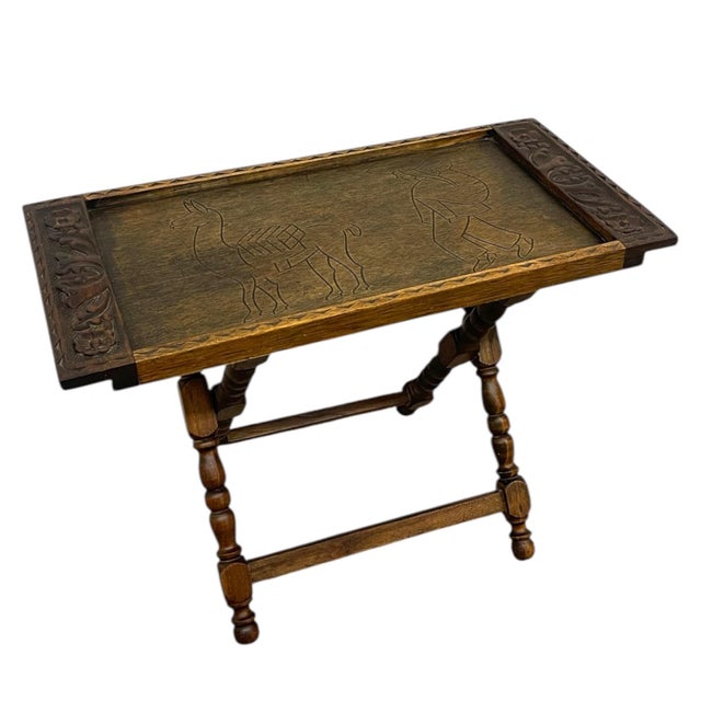 Folk Art Hand-Carved Wooden Tray With Folding Stand - Carved Llama and Figure Motif, Turned Legs For Sale - Image 3 of 9