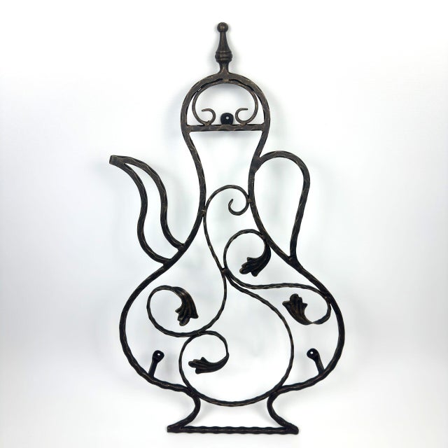 Hand-Forged Wrought Iron Teapot Wall Art (Pitcher Silhouette) Large Garden Wall Decor with Leaf Scroll For Sale - Image 6 of 6