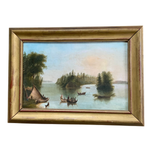 North American Indian Camp on the St. Lawrance .Oil on Canvas With Gilt Frame. Canadian 19th Century