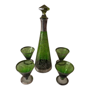 1950s Mid-Century Italian Sterling Silver Overlay Green Glass Wine Decanter Carafe & 4 Glasses