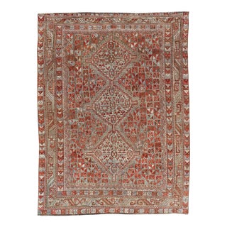 Antique Distressed Persian Medallion Shiraz Rug in Shades Rusty Red & Steel Blue For Sale