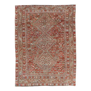 Antique Distressed Persian Medallion Shiraz Rug in Shades Rusty Red & Steel Blue
