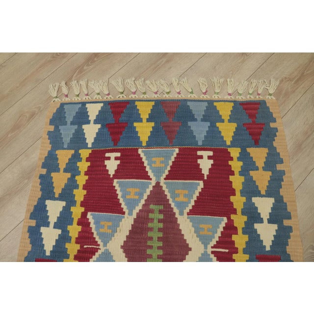 Textile 1980s Traditional Blue Red Geometric Kilim For Sale - Image 7 of 12