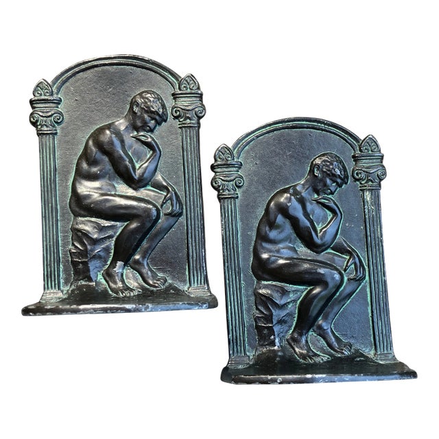 1950’s Bronzed Finished Steel Bookends “The Thinker” a Pair For Sale