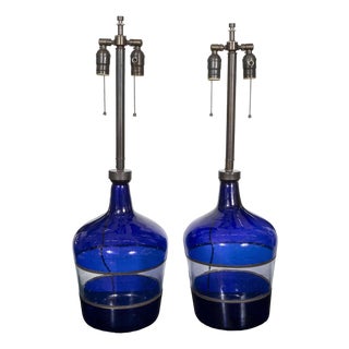 Blue and clear blown glass table lamps For Sale