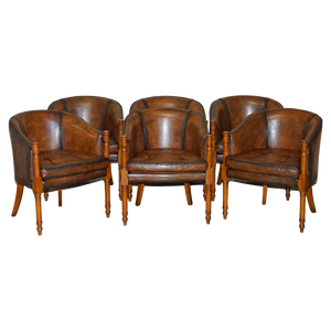 Thomas Chippendale Chesterfield Tub Club Armchairs in Hand Dyed Brown Leather, 1920s, Set of 6