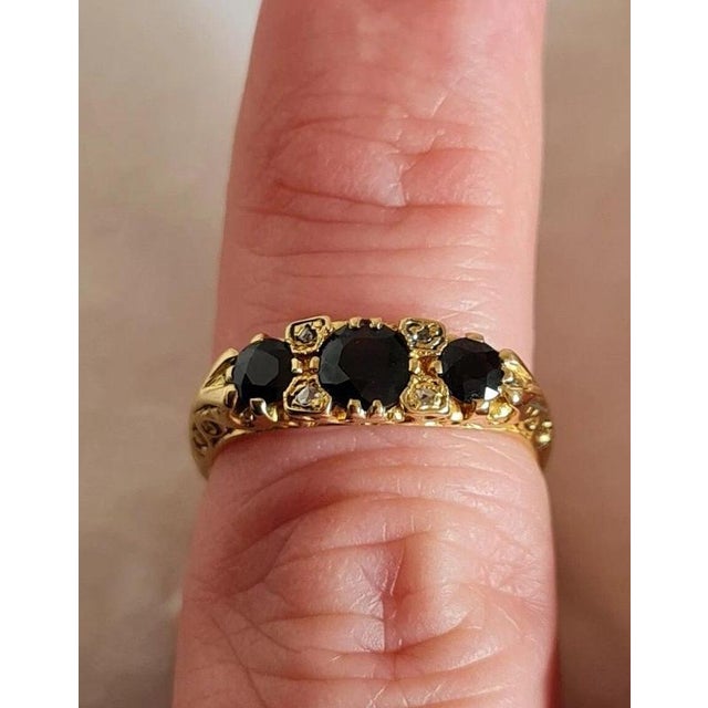 Blue Vintage 18ct Yellow Gold Sapphire and Diamond Three-Stone Ring, 1976 For Sale - Image 8 of 10