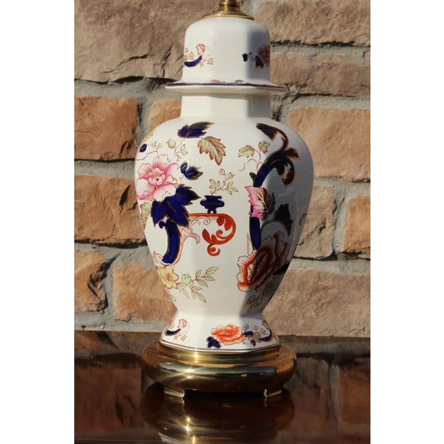 White Mason's Ironstone Blue Mandalay Lamp on Brass Base For Sale - Image 8 of 12
