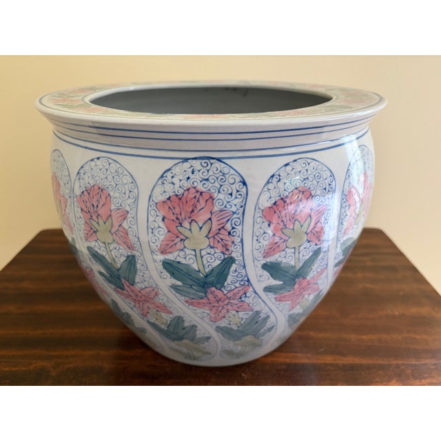 Vintage Chinoiserie Blue, Pink & Green Floral Ceramic Fishbowl Planter For Sale In South Bend - Image 6 of 10