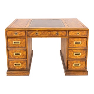 Drexel Campaign Style Oak Double Pedestal Desk For Sale