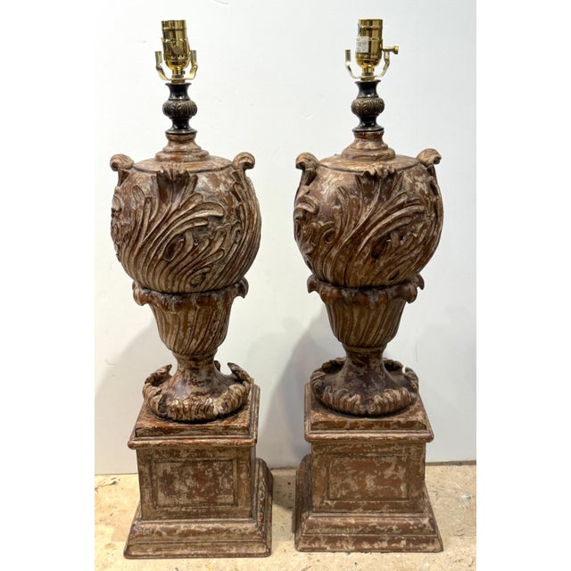 Pair of Italian Baroque-Style Carved & Polychromed Wood Urns, Now as Lamps Italy, mid-20th century, in the Baroque taste A...