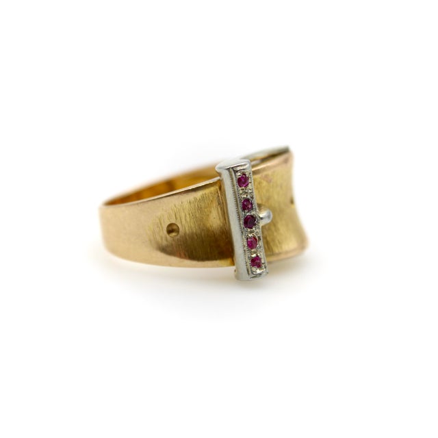 Modern Vintage 18k Gold and Ruby Italian Buckle Ring, Size 5.75 For Sale - Image 3 of 10