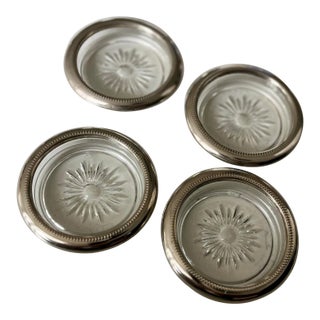 1960s Vintage Italian Silverplate and Pressed Glass Starburst Coasters by Leonard-Set of 4 For Sale