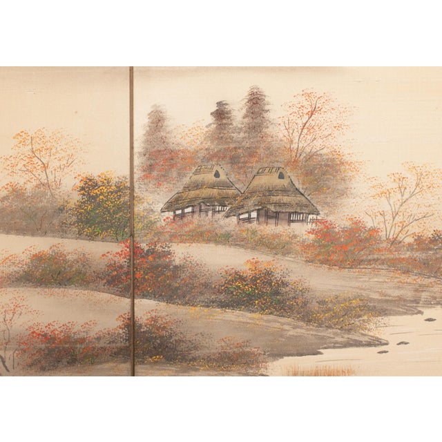 1960s Shōwa Era Japanese Silk Byobu Screen "Autumn Landscape With River" For Sale - Image 11 of 18