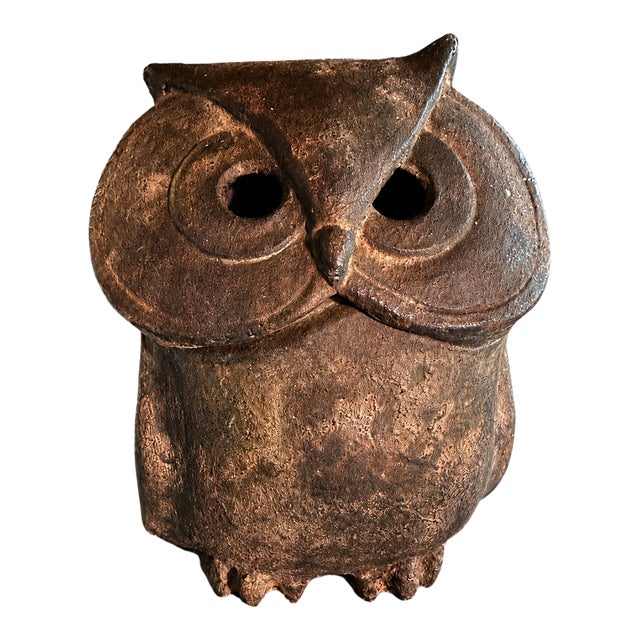 1960s Mid-Century Japanese Cast-Iron Owl Incense Burner/Oil Lamp With Removable Head For Sale