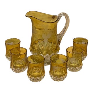 Antique Starburst Ivy Amber Lemon Cut to Clear Bohemian Crystal Pitcher & Glasses Set- 7 Pieces For Sale