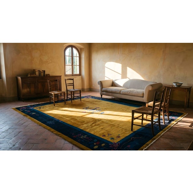 Gold 1920s Gold Floral Modern Antique Chinese Art Deco Rug 9'0" X 11'4" Hand Knotted Wool Carpet For Sale - Image 8 of 9