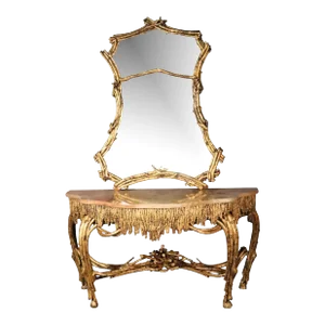 Large Gilded French Louis XVI Style Faux Bois Console Table With Mirror
